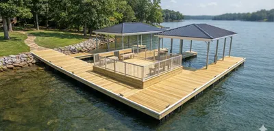 Newly constructed wooden boat dock with aluminum railings on a Tennessee lake