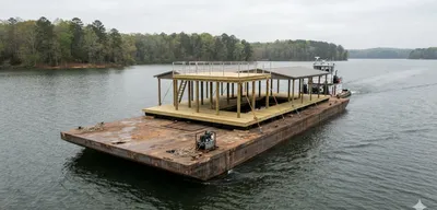 Boat dock being transported on a barge across a Tennessee lake